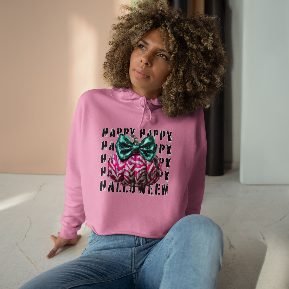 Happy Halloween Pink Pumpkin Crop Hoodie
