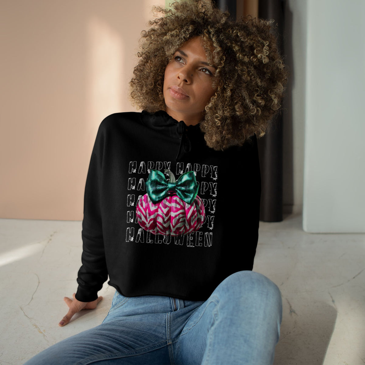 Happy Halloween Pink Pumpkin Crop Hoodie