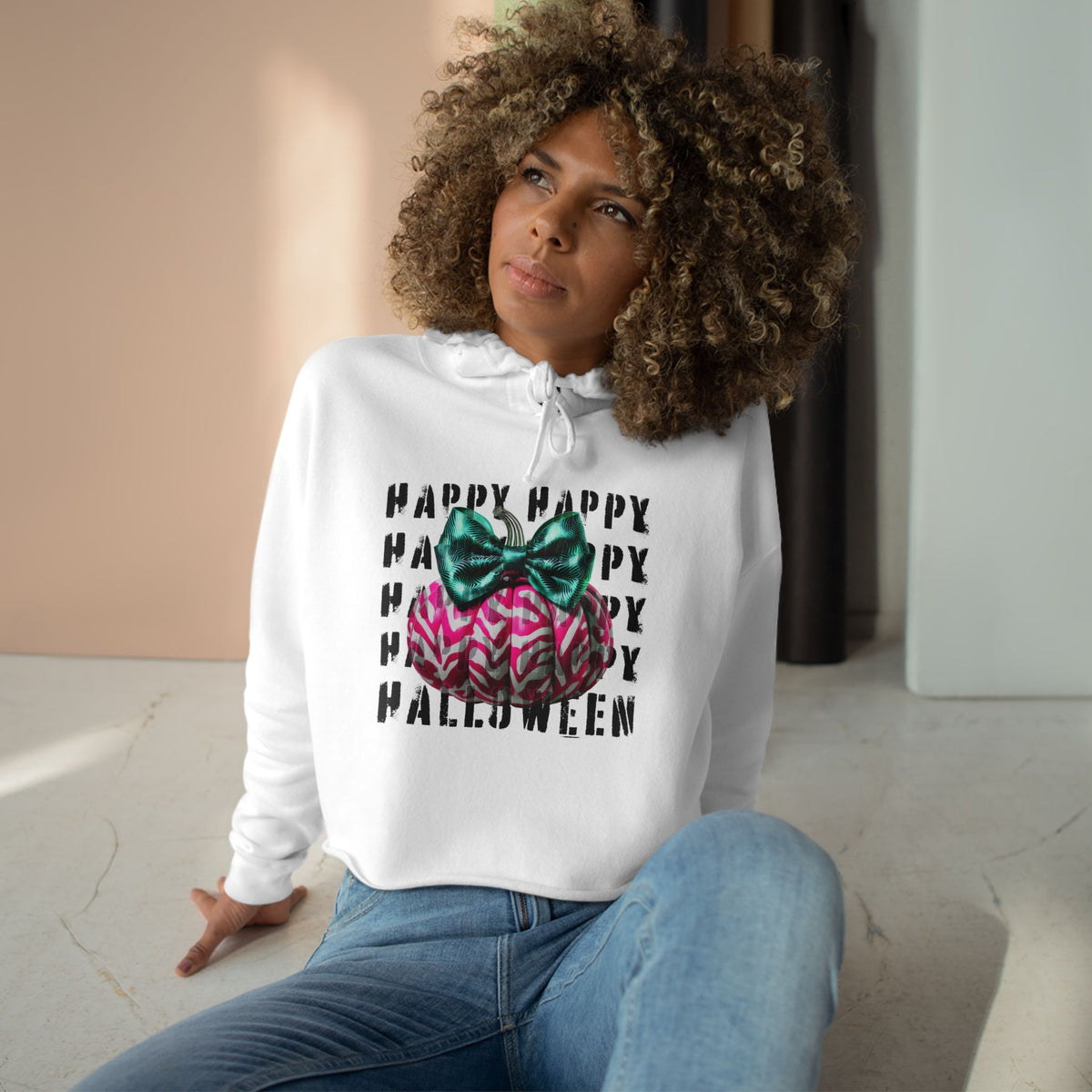 Happy Halloween Pink Pumpkin Crop Hoodie