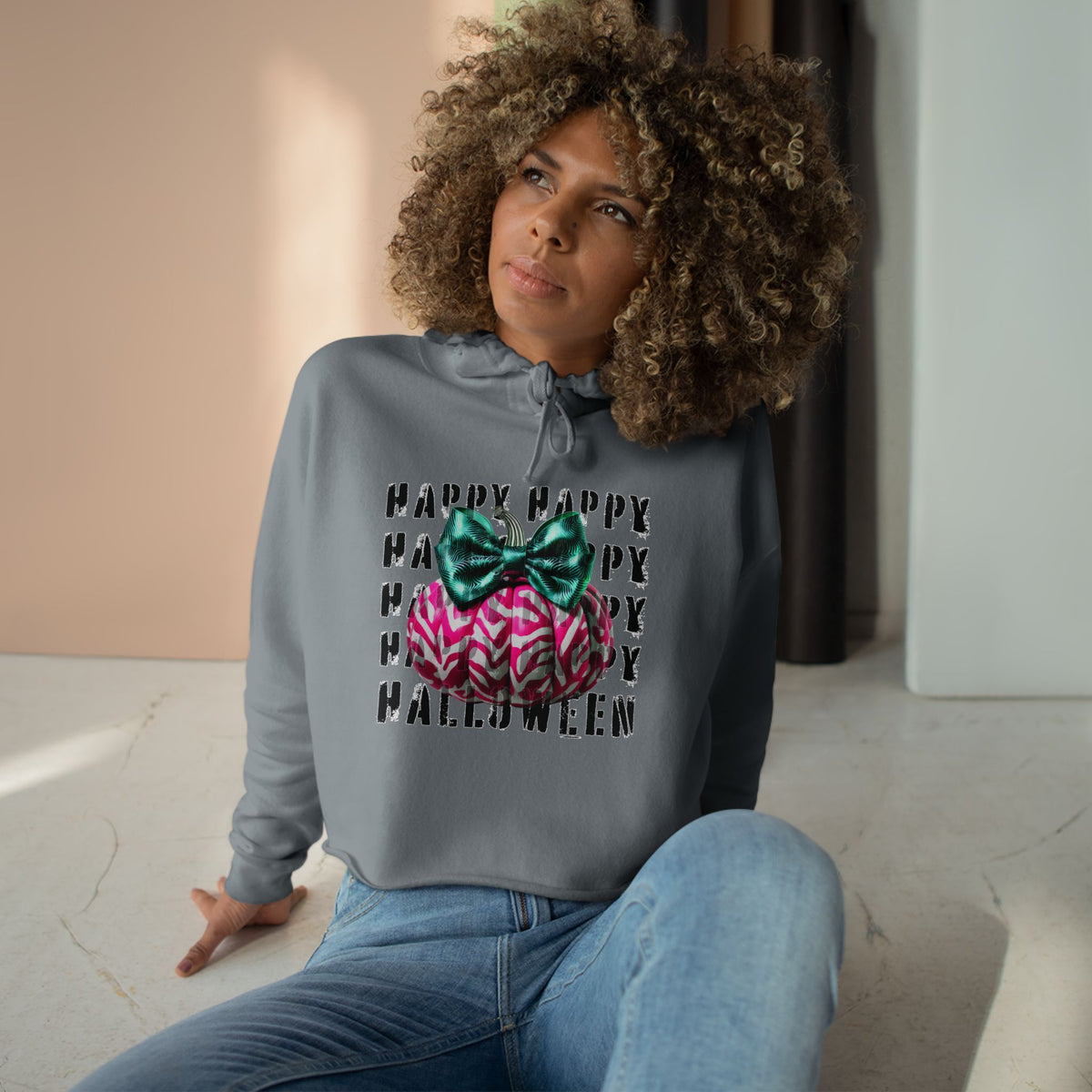 Happy Halloween Pink Pumpkin Crop Hoodie
